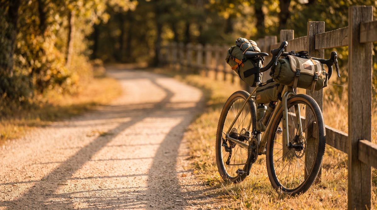 Vélo gravel équipé de sacoches bikepacking sur un chemin forestier au lever du soleil