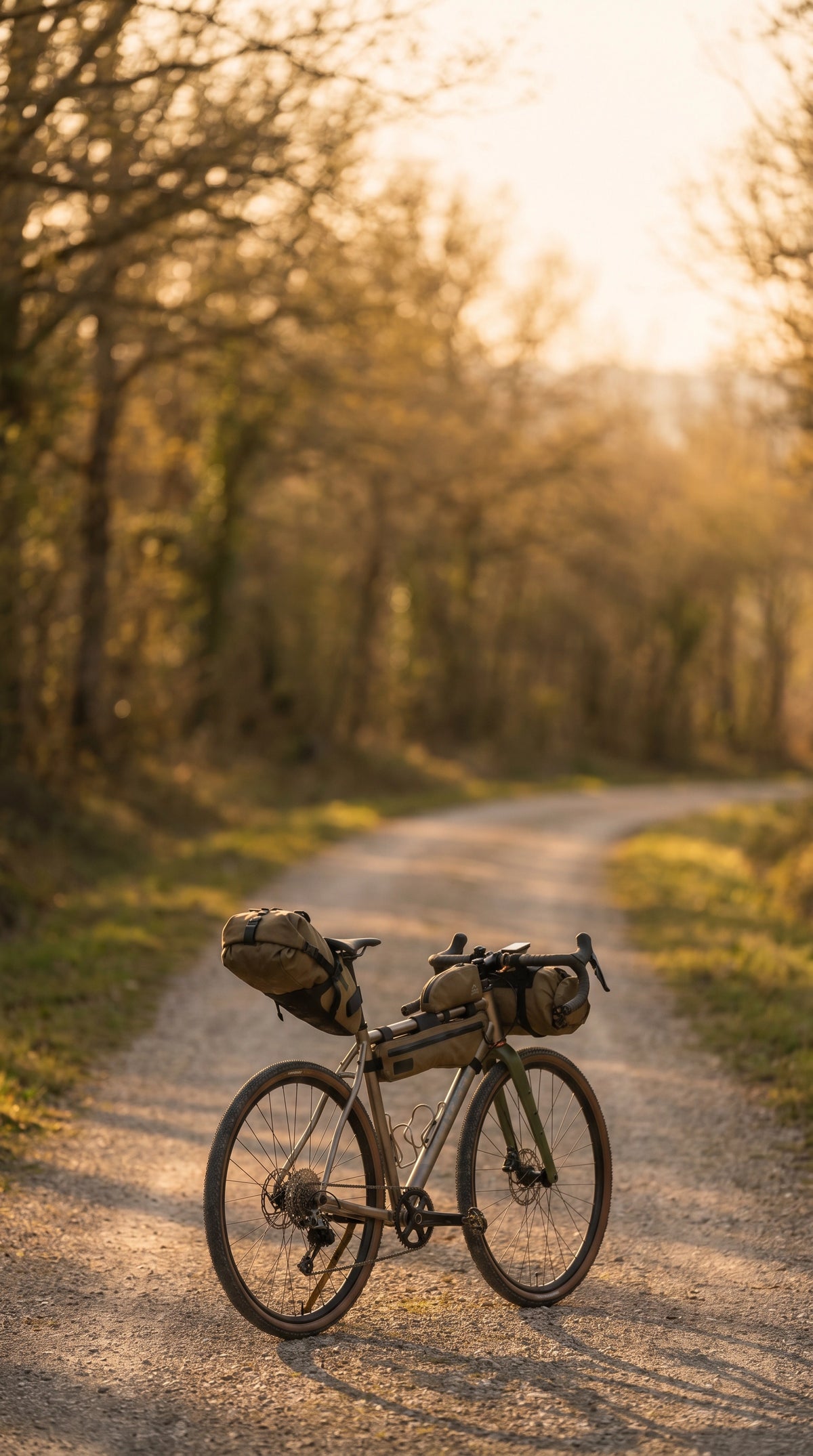 Vélo gravel équipé de sacoches bikepacking sur un chemin forestier au lever du soleil