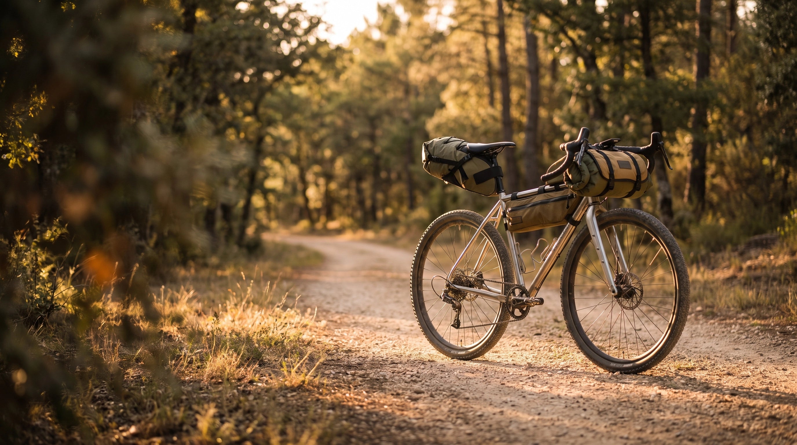 Vélo gravel chargé de sacoches de selle, de cadre et de guidon sur un sentier en forêt