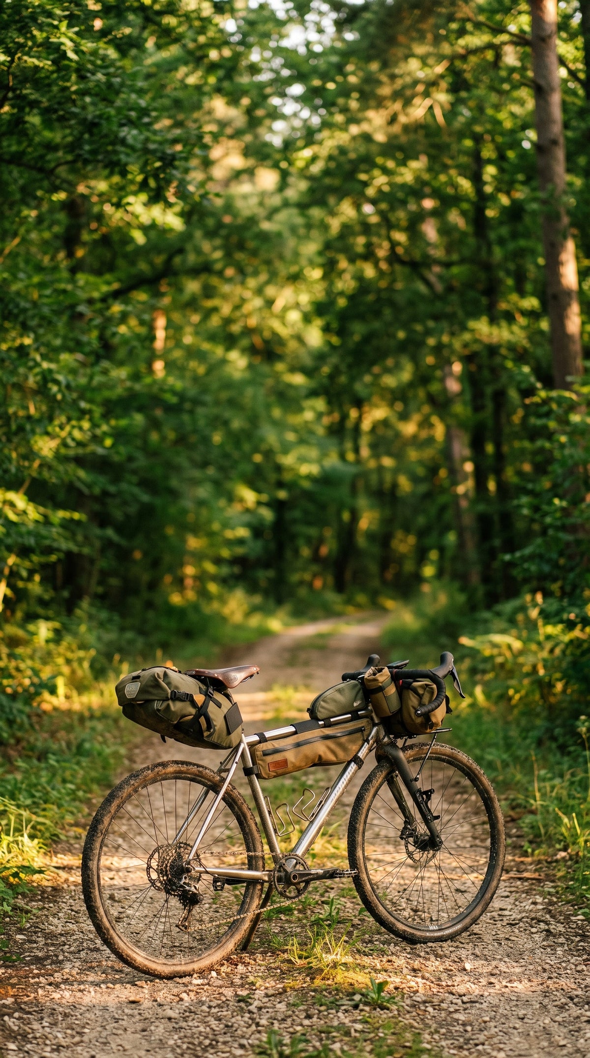 Vélo gravel chargé de sacoches de selle, de cadre et de guidon sur un sentier en forêt