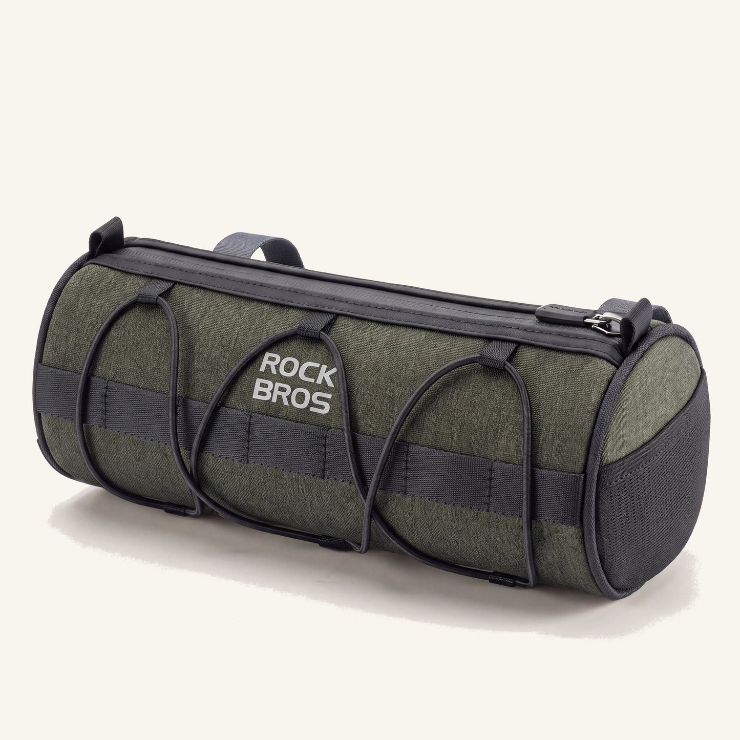 Sacoche de guidon vélo 2 L vert forêt ROCK BROS, forme cylindre, vue de trois quarts