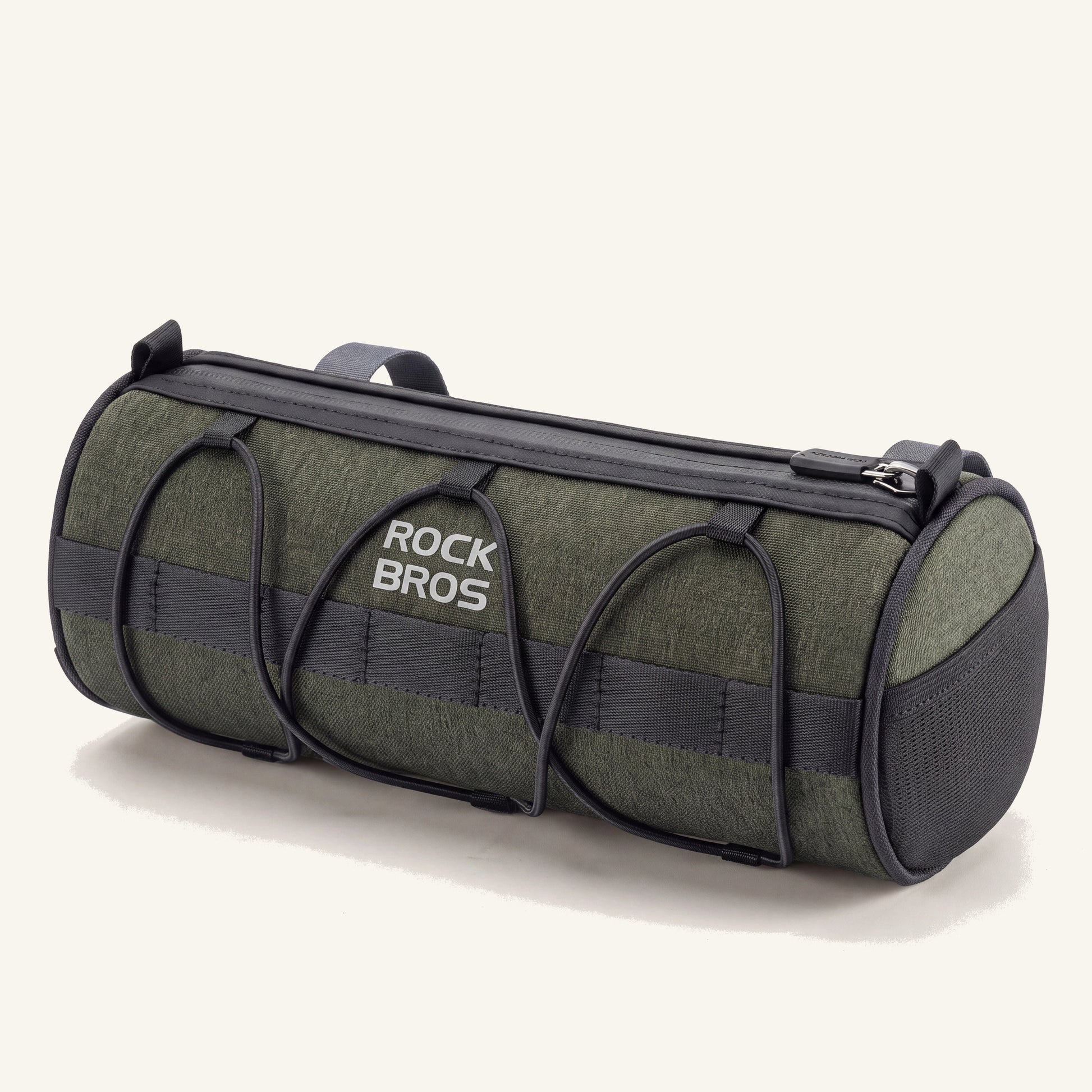 Sacoche de guidon vélo 2 L vert forêt ROCK BROS, forme cylindre, vue de trois quarts
