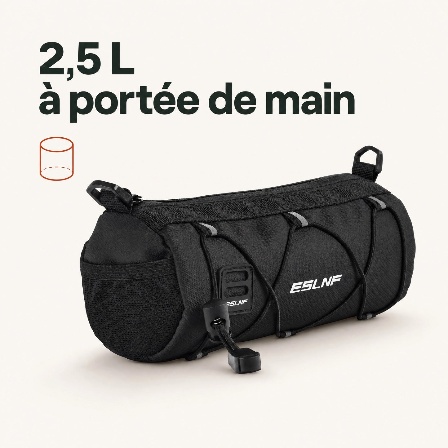 Sacoche de guidon vélo avant 2,5 L sur fond crème, capacité à portée de main