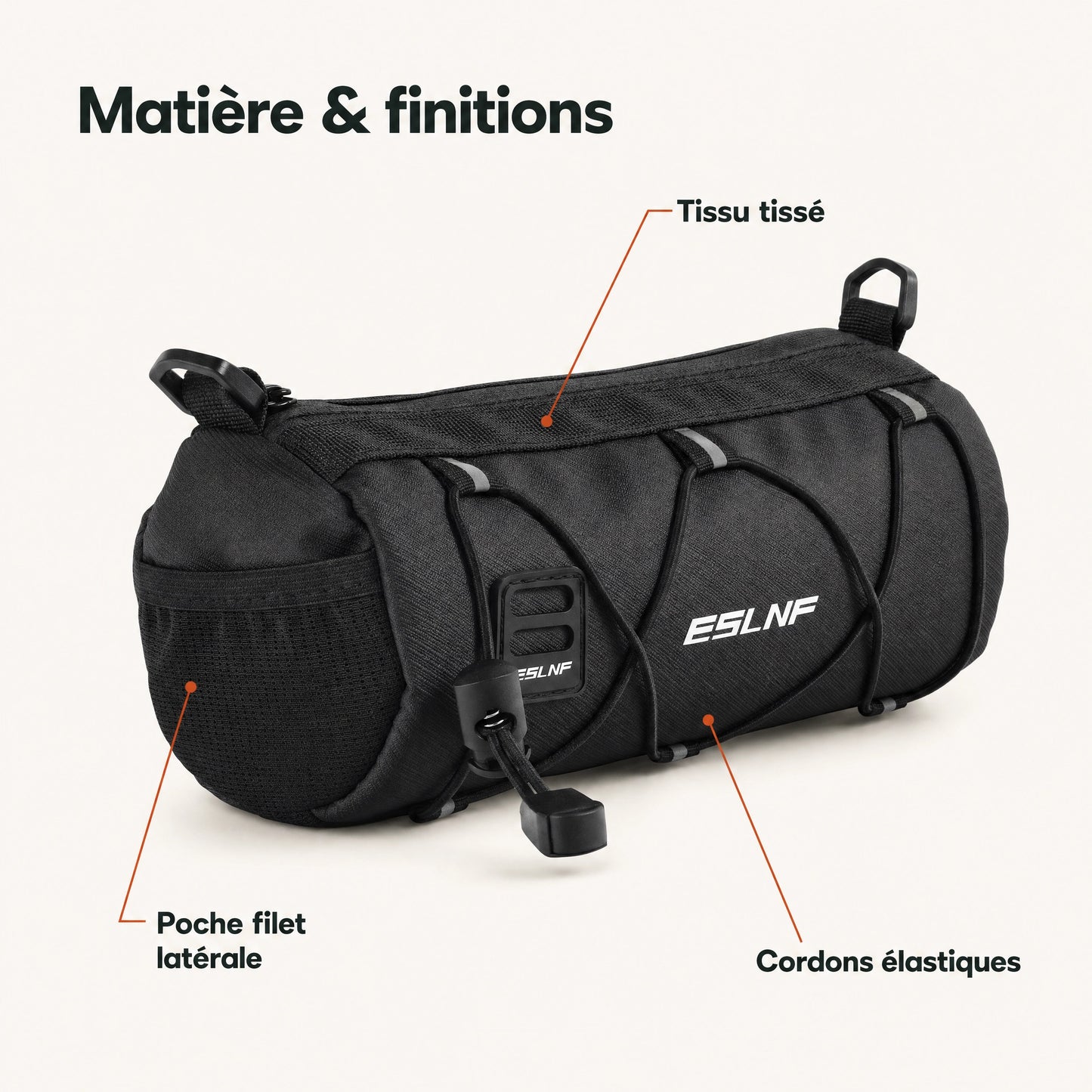 Sacoche de guidon vélo avant : tissu tissé, poche filet, cordons élastiques