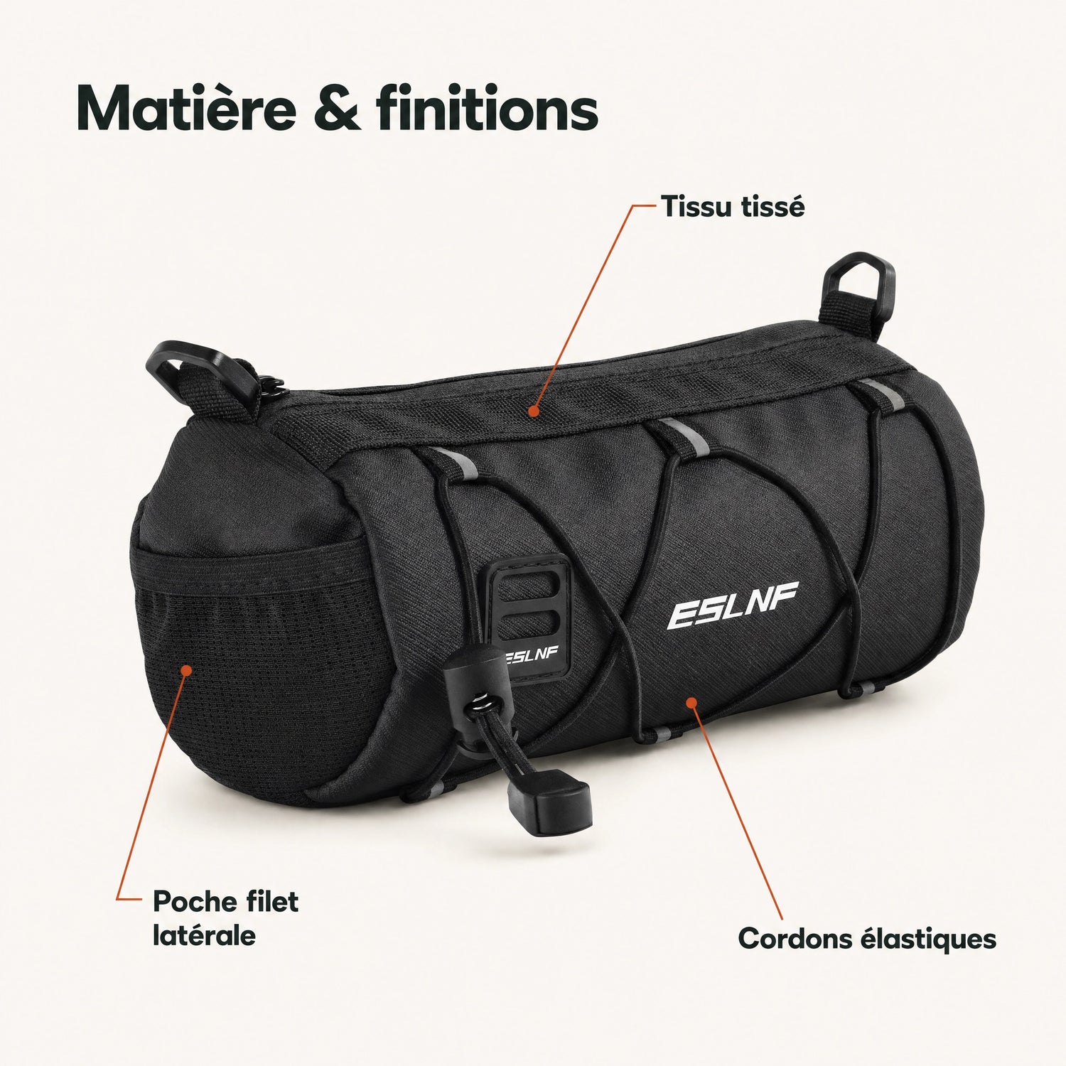 Sacoche de guidon vélo avant : tissu tissé, poche filet, cordons élastiques