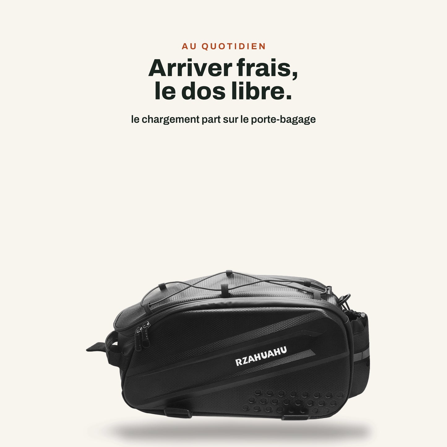 Sacoche de porte-bagage vélo vue de côté, le chargement se pose à l'arrière et libère le dos