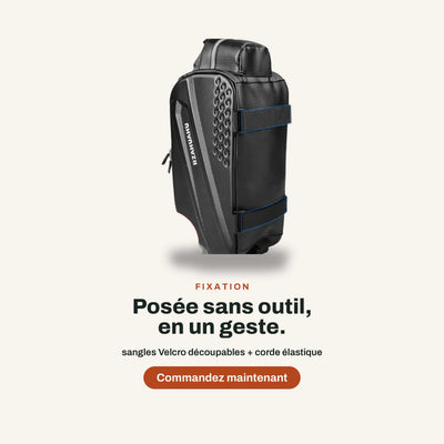 Dessous de la sacoche de porte-bagage vélo avec sangles Velcro et corde élastique, fixation sans outil