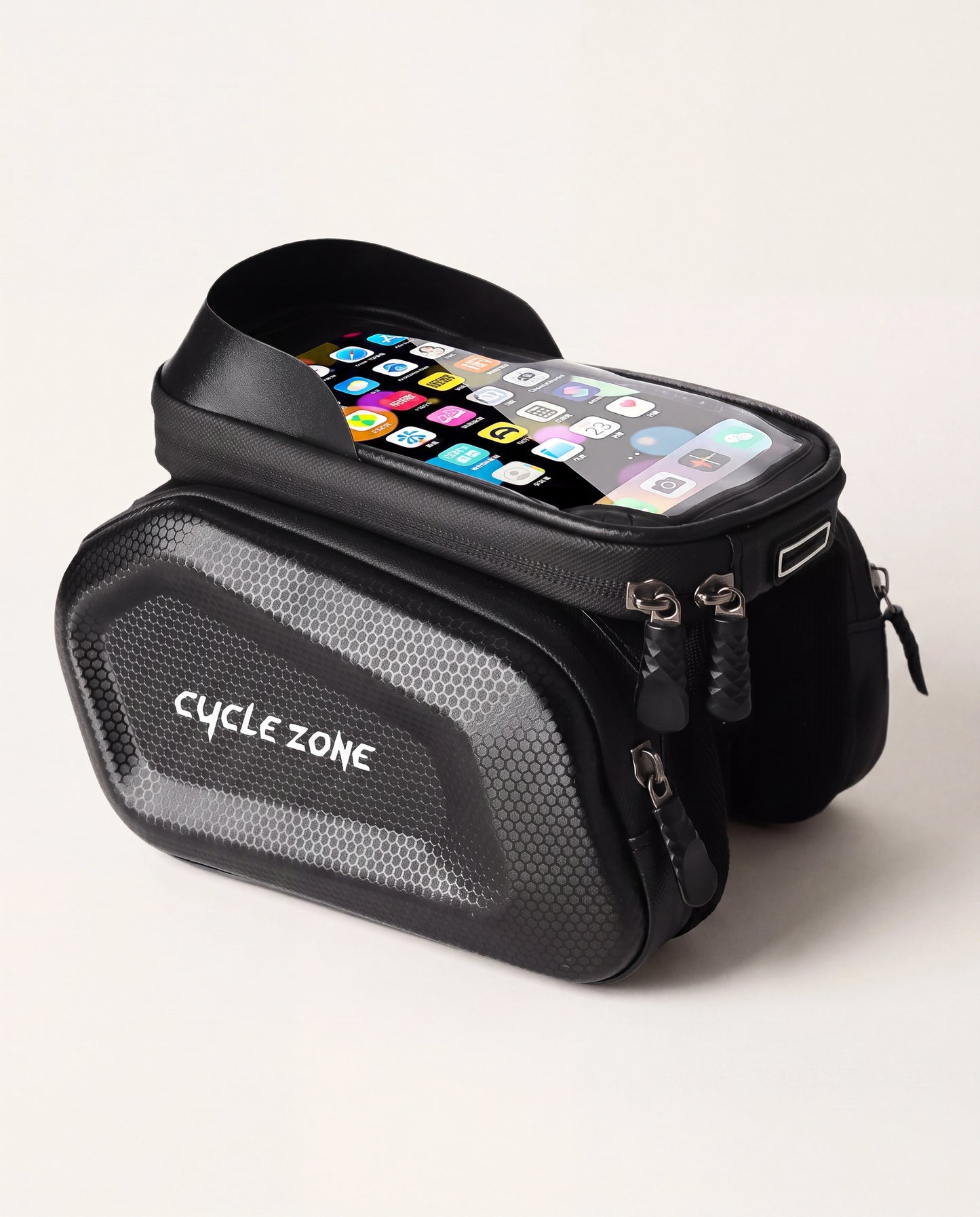 Sacoche porte-téléphone vélo tactile CYCLE ZONE, coque rigide PU EVA TPU, fenêtre TPU, vue 3/4