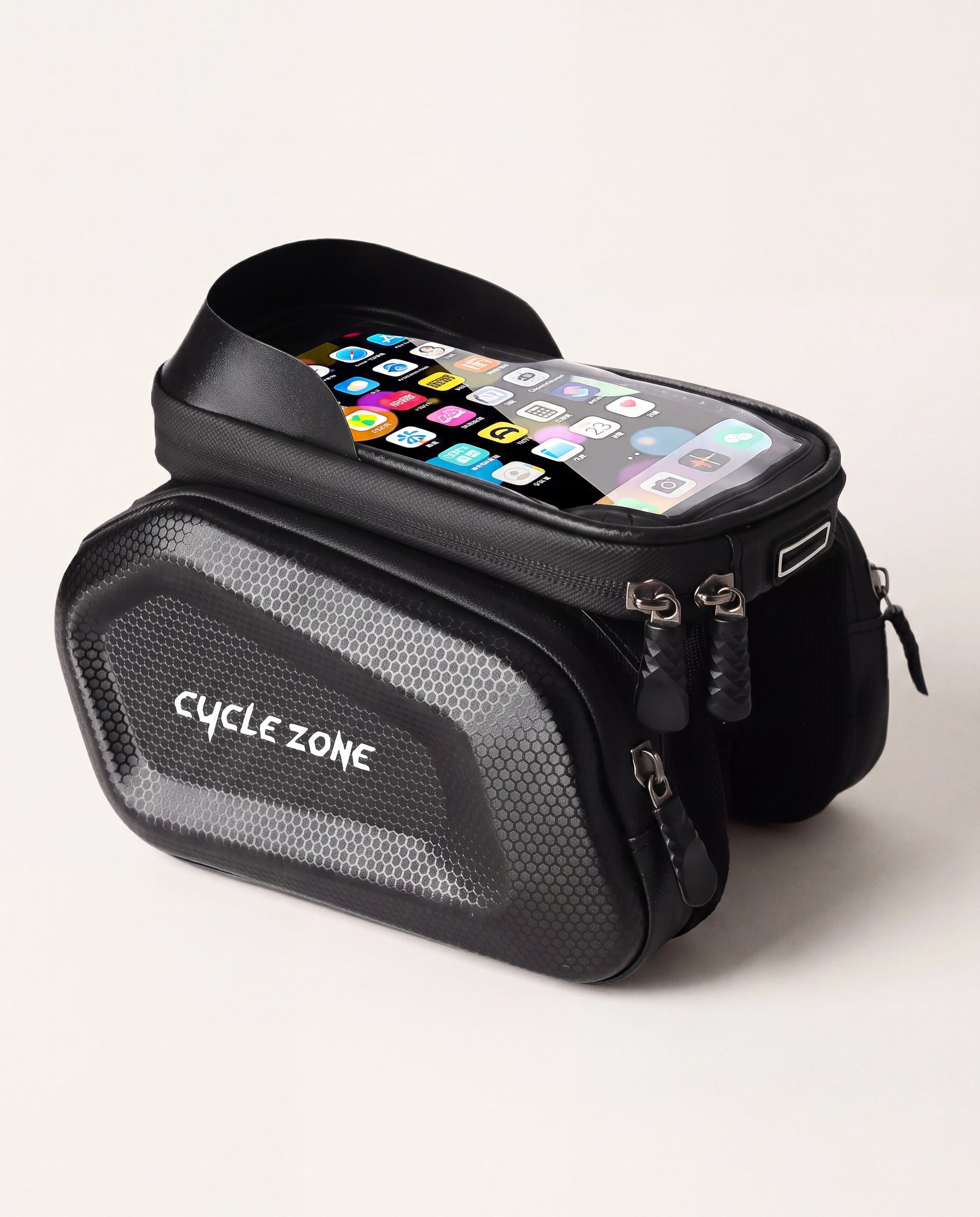 Sacoche porte-téléphone vélo tactile CYCLE ZONE, coque rigide PU EVA TPU, fenêtre TPU, vue 3/4
