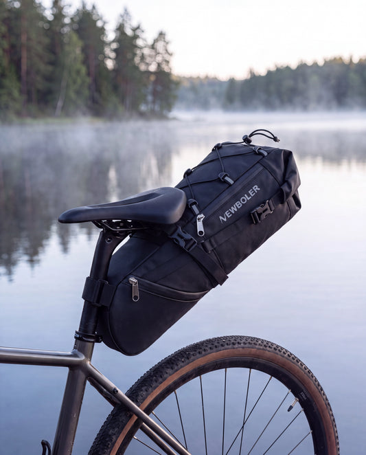 Sacoche de selle vélo bikepacking fixée sous la selle d'un vélo gravel au bord d'un lac