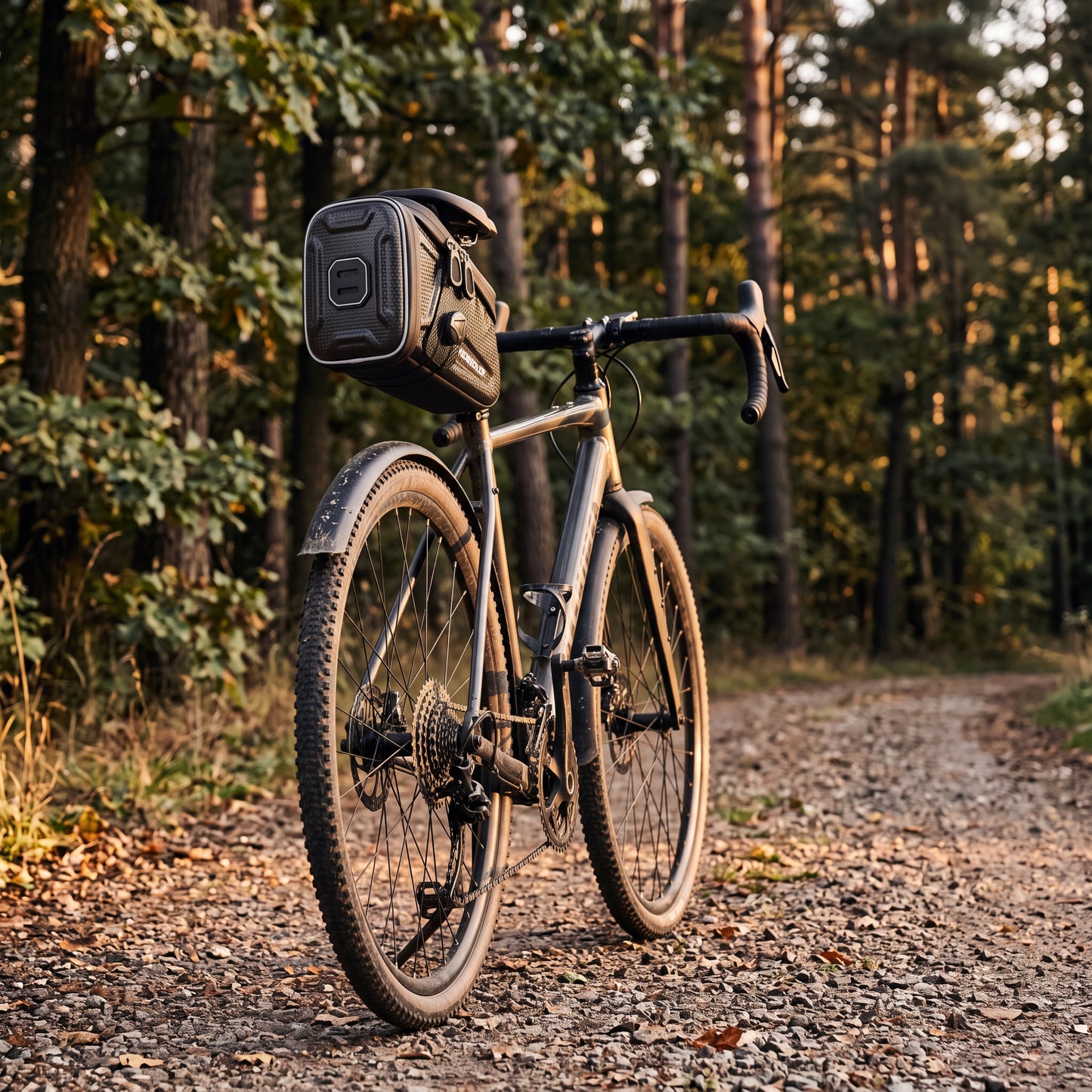 Sacoche de selle à outils montée sous la selle d'un vélo gravel sur un chemin forestier