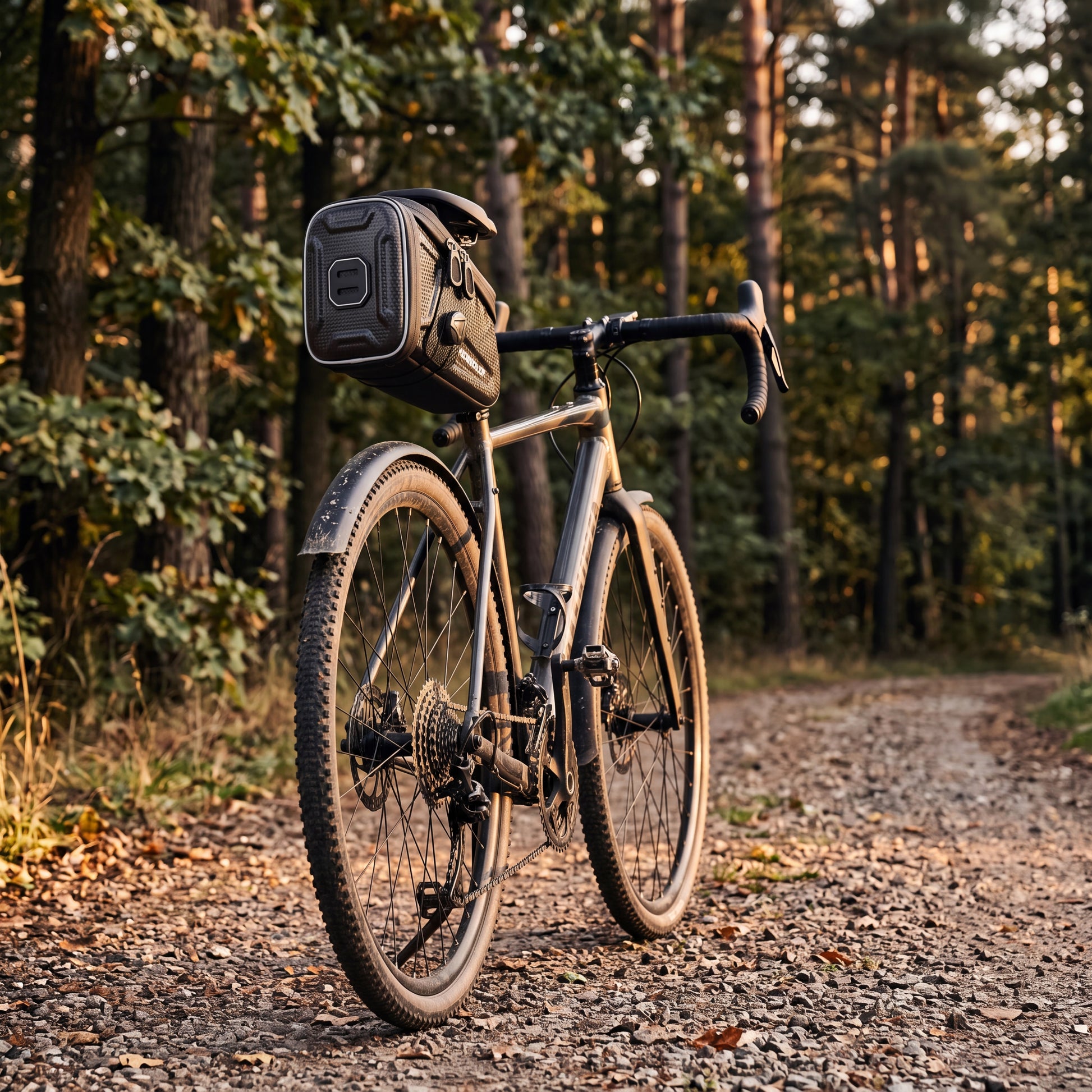 Sacoche de selle à outils montée sous la selle d'un vélo gravel sur un chemin forestier