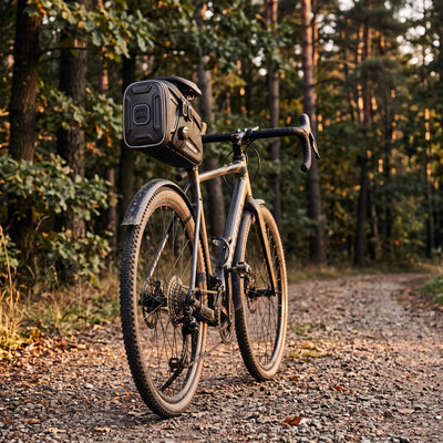 Sacoche de selle à outils montée sous la selle d'un vélo gravel sur un chemin forestier