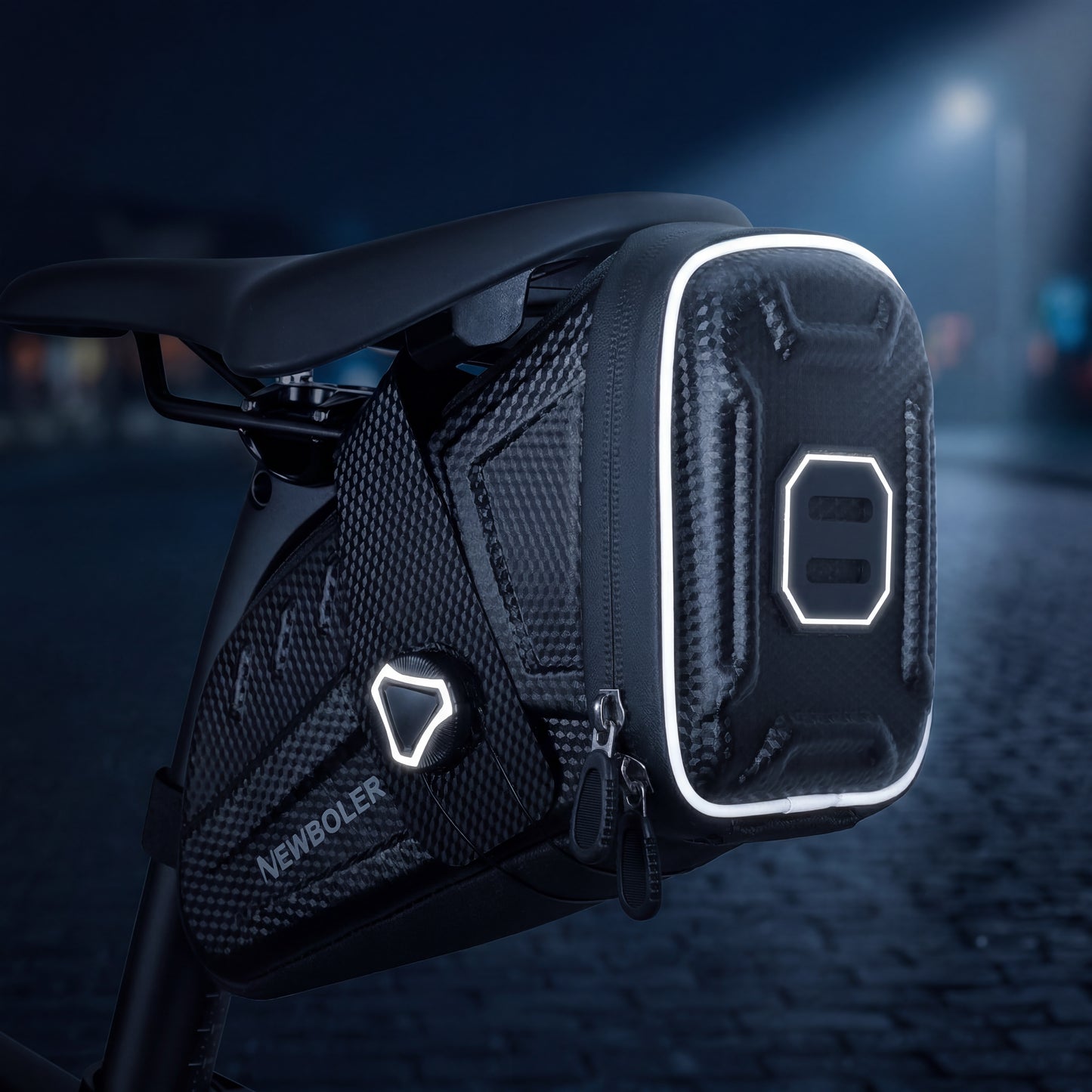 Sacoche de selle vélo au liséré réfléchissant visible la nuit, fixée sous la selle sans outil